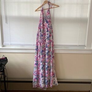 Pink Lilly floral maxi dress with a slit on left side. Wore for beach wedding!